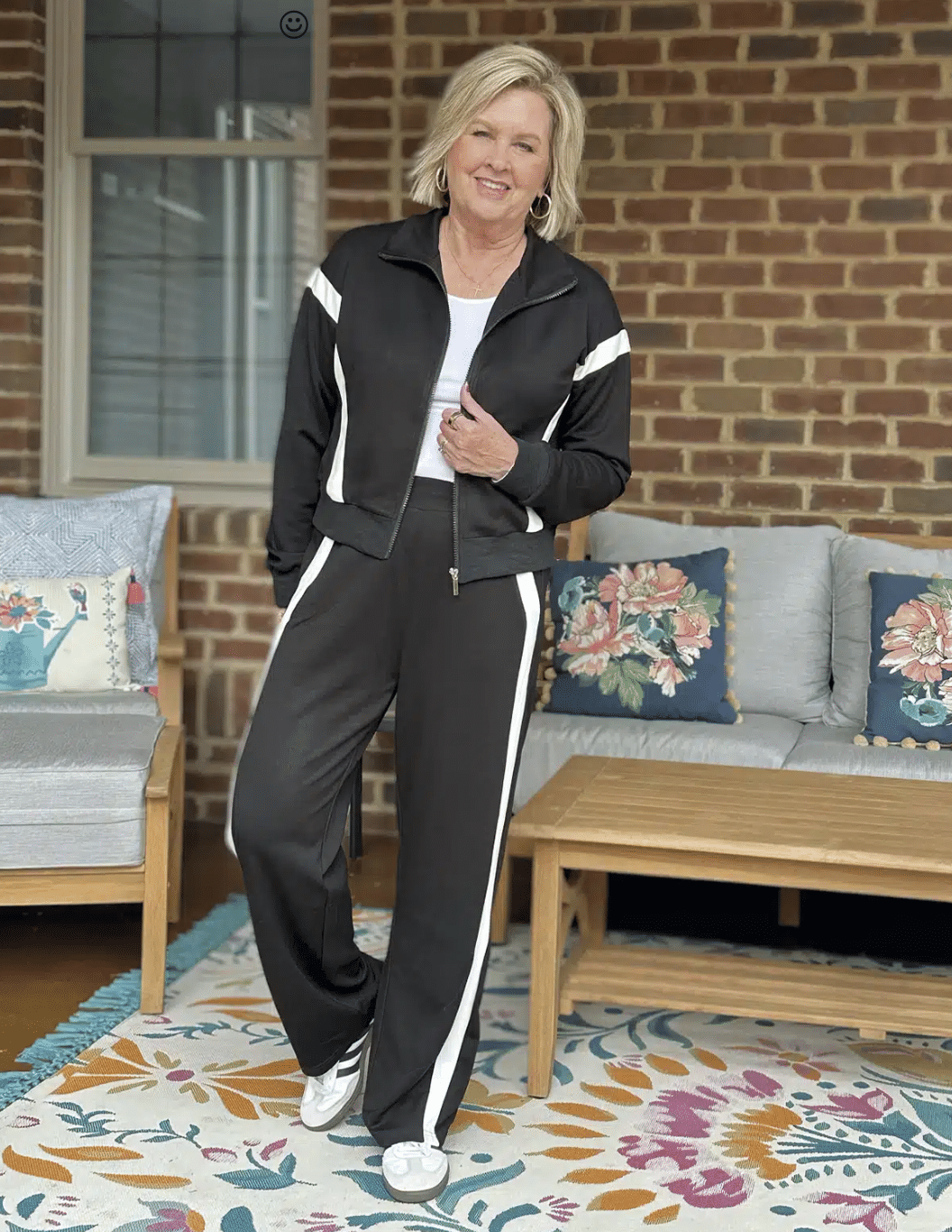 Tania Stephens is wearing a black and white track suit from Amazon
